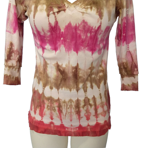 Vintage 90s Glima Tie Dye Top Size S Pink Brown V Neck ASO 1990s Raw Hem - Picture 3 of 8